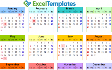 Color Coordinated Calendar Excel ExcelTemplate