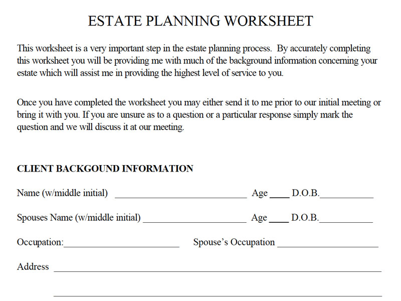 Estate Planning Worksheet Template Excel Templates