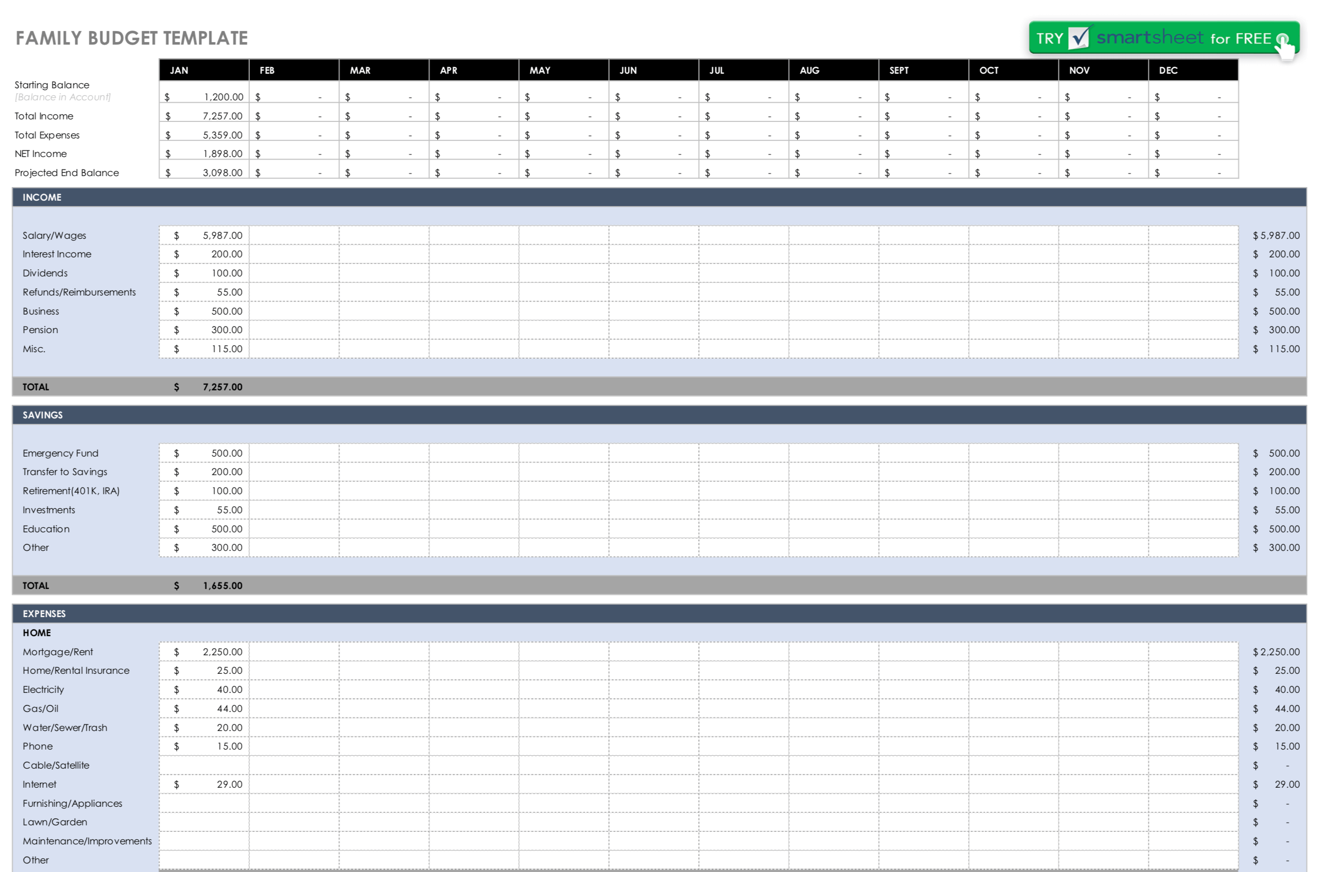 Family Budget Excel Excel Templates