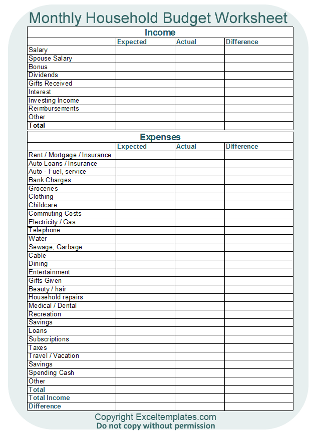 Household Budget Worksheet Excel Template