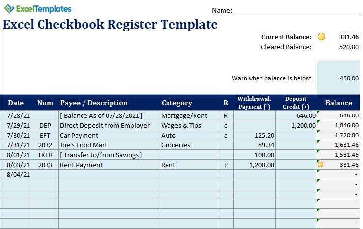 Is There A Checkbook Register In Excel